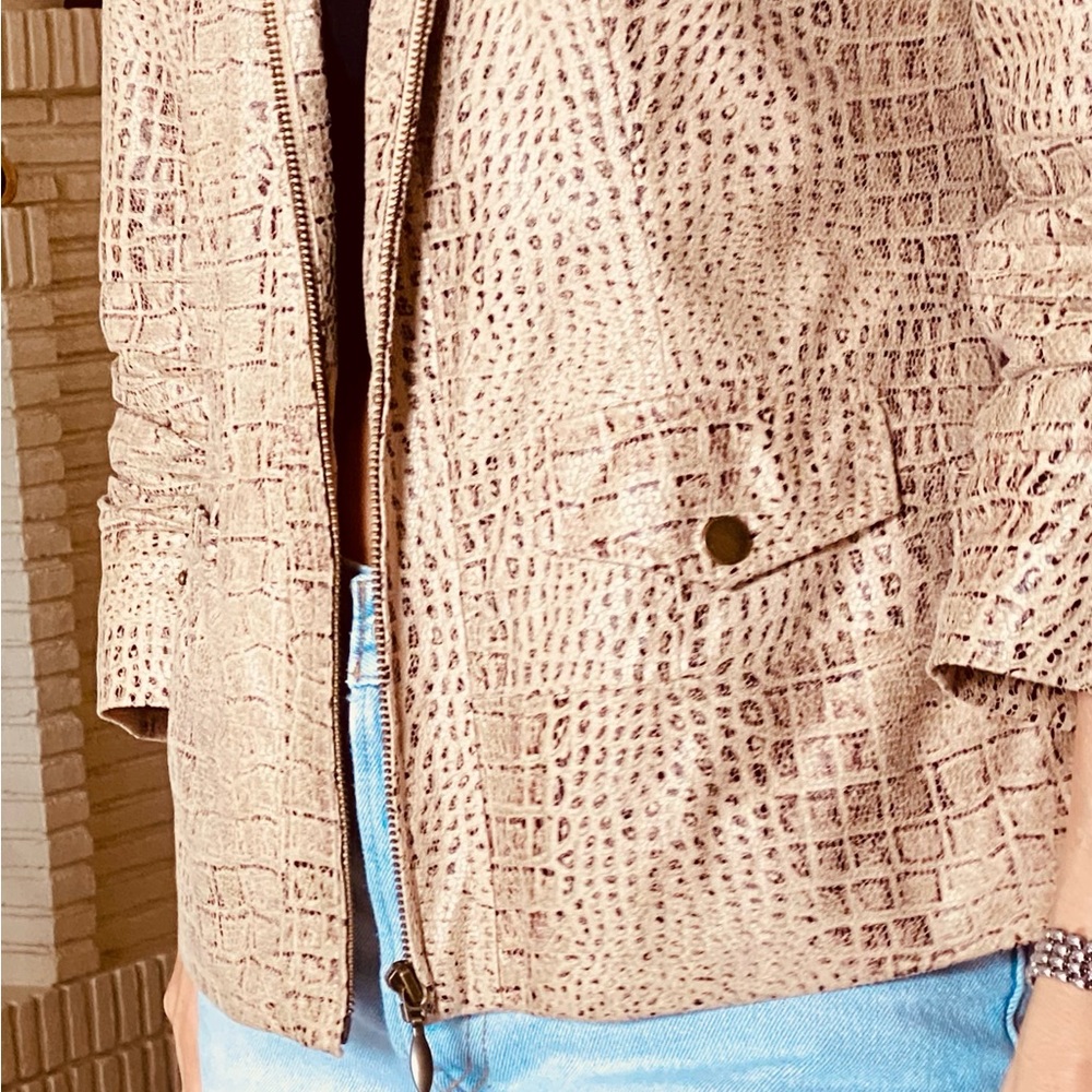 CHICO’S snake print, imitation leather zip up jacket.